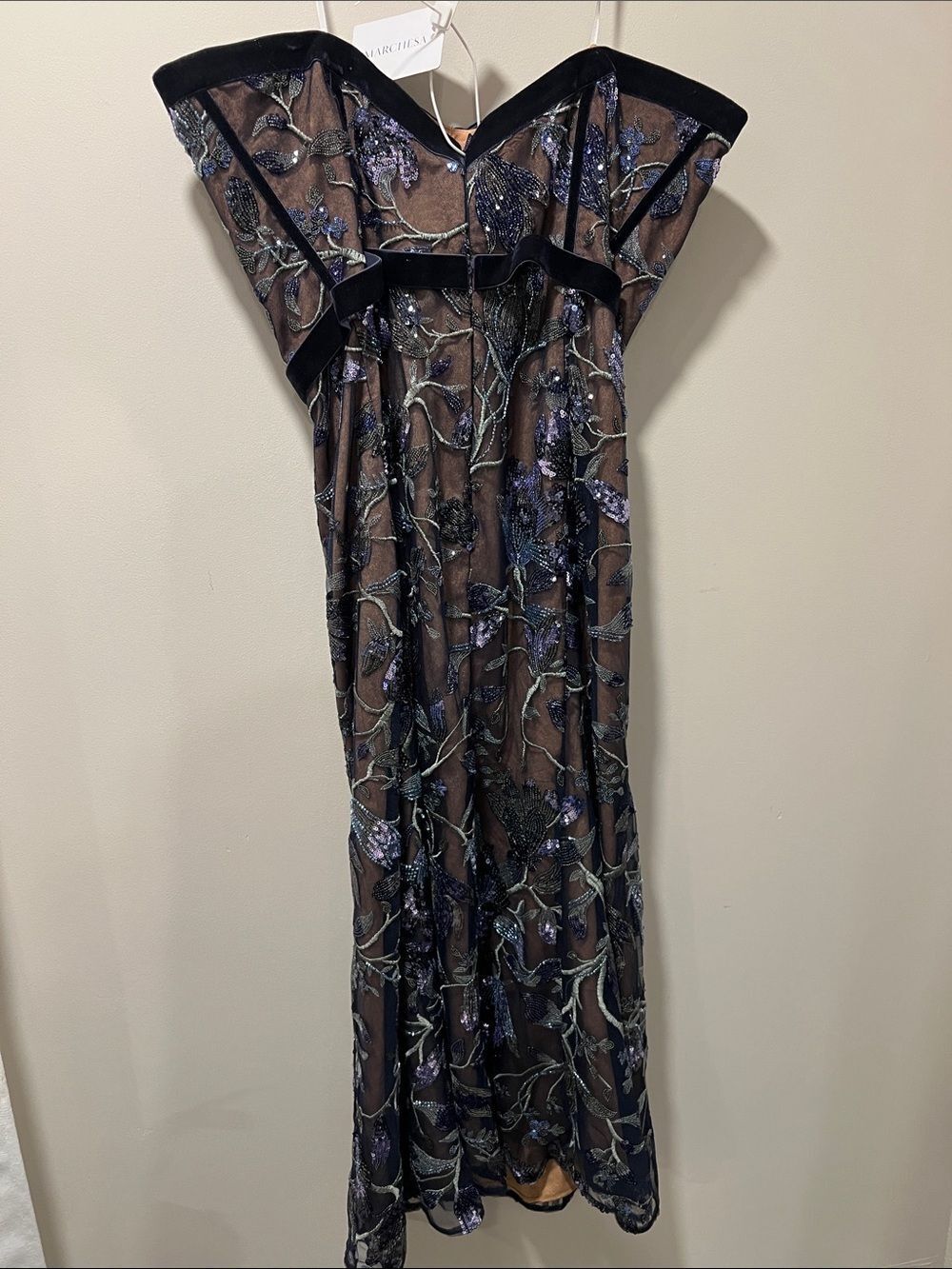 Marchesa Climbing Vines Midi Dress Crystal Ocean Strapless Sequin Embroidery - Picture 9 of 16